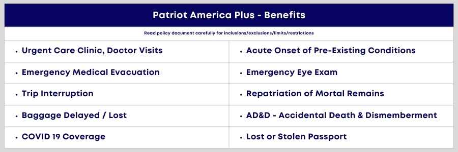 Patriot America Plus Travel Insurance Benefits