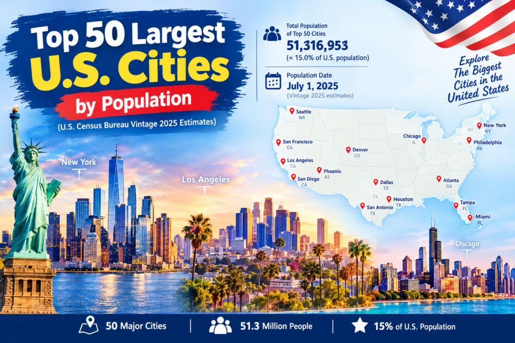 Map of the 50 largest U.S. cities by population in 2025. Copy alt text